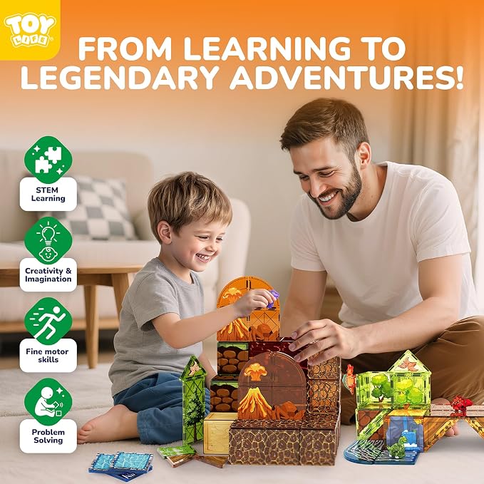 TOY Life 79PCS Magnetic Tiles Dinosaur Toys Set, Magnet Building Blocks Lava Dino World for Kids Ages 3-5, Jungle Animals Construction Toys for Toddlers 4-8, STEM Educational Gift for Boys & Girls 3+