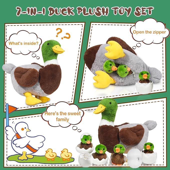 7 in 1 Mallard Duck Stuffed Animals Plush Toys, 12“ Zippered Mommy Stuffed Duck with 4 Baby Ducklings and Eggs Green Duck Plushies Pillow for Kids Birthday Christmas Farm Party Decor