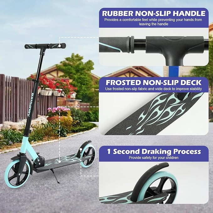 Rahmory Kick Scooter for Ages 6+,Kid, Teens & Adults. Foldable Kick Scooter for Boys with 4 Adjustable Heights, ABEC9 Bearings, Supports Up to 220 lbs.