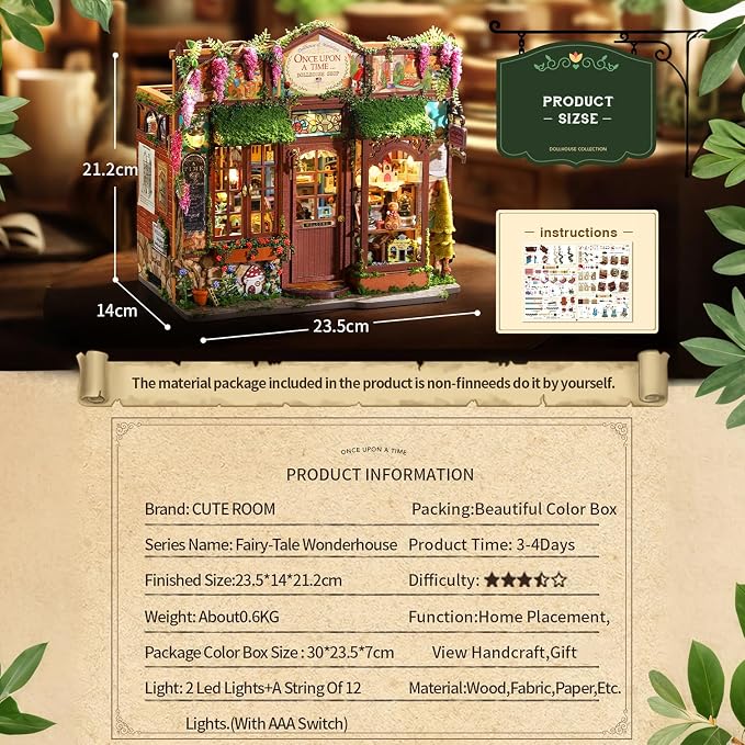 CUTEROOM DIY Miniature House Kit-Fairy Tale Kingdom, Tiny Dollhouse Wooden Furniture Kit, Mini DIY Craft Kits Creative Room for Decoration Family Friends