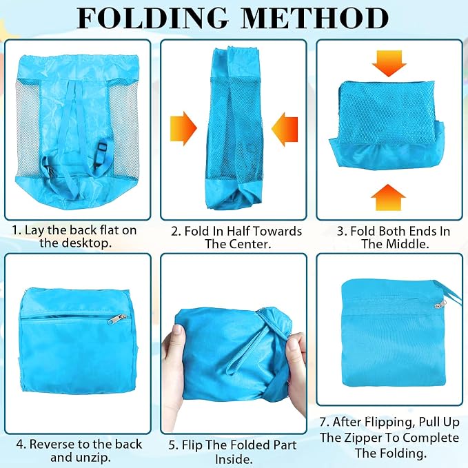 INVODA Mesh Beach Bag Drawstring Beach Backpack Foldable Toy Organizer Bag Shell Adjustable Straps Large Capacity Swim Bag