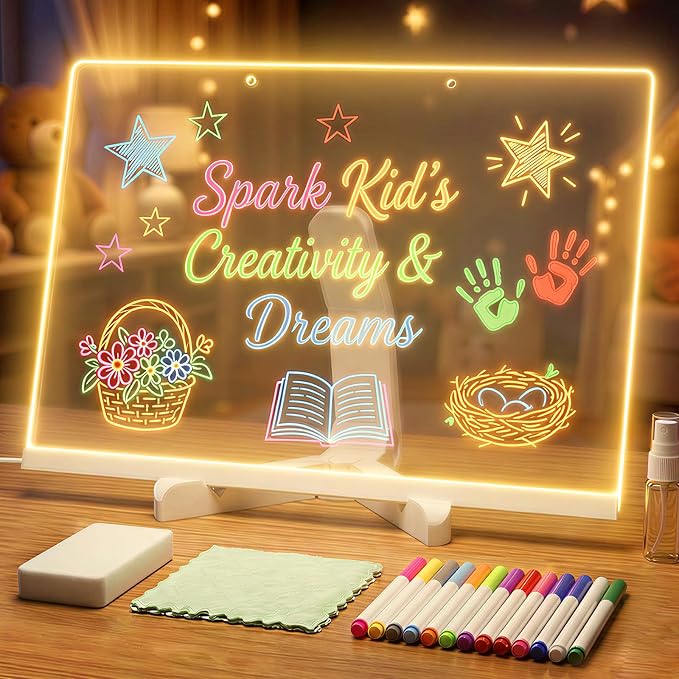 Girl Gifts Boy Gifts - Warm Led Drawing Board for Kids, 17" Flicker-Free Led Note Board with Upgrade Bracket, Soft Light Board with 12 Markers, Holiday Gifts for Kids Ages 3-12