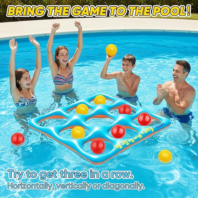 Inflatable Tic Tac Toe Pool Game Set – Pool Toys with 10 Balls, Fun for Kids, Teens, Adults, Family, Party, Beach, Outdoor & Indoor, 2-10 Players