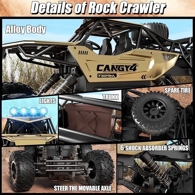 Jiakora Remote Control Monster Truck, RC Cars Rock Crawler RC Truck with 2 Rechargeable Batteries, Metal Exterior & LED Lights, Large Boy Toys for Ages 4-7, 8-12 & Adults Great Gift