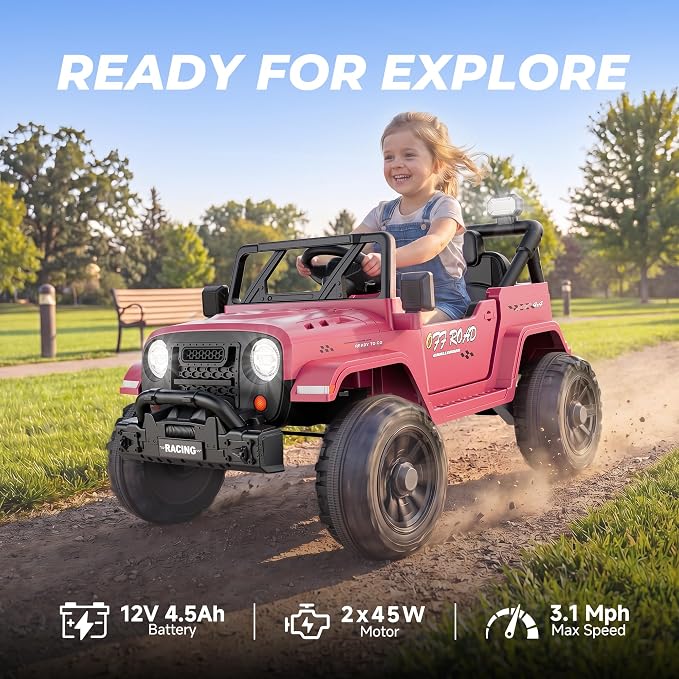 ARBELI 12V Ride On Truck Car with Remote Control, Kids Electric Vehicles with Bluetooth Music, Horn, 3 Speeds, 4 LED Lights, Soft Start, Ride on Toys for Toddler Boys & Girls, Pink