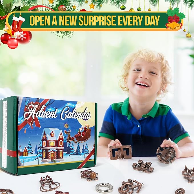 Advent Calendar 2025, Christmas Countdown Calendar Gift Box with 24 Brain Teaser Puzzles, 24 Days Metal Difficult Magic Brain Teaser Puzzles Xmas Countdown Calendar Challenge for Adults Teens