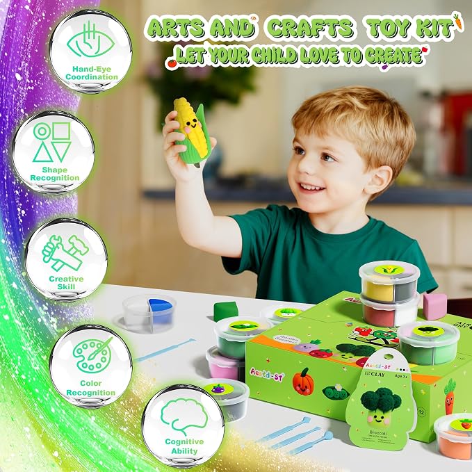 Air Dry Clay Kit - Vegetable Theme, Modeling Clay for Kids, DIY Magic Clay with Tools and Tutorials, 12 Boxes Molding Clay, Ultra Light, Soft & Non-Sticky, Arts and Crafts Gift for Kids