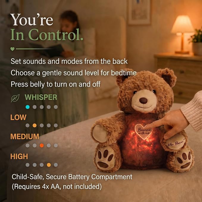 Breathing Teddy Bear Stuffed Animal for Anxiety Relief - Cuddly Breathing Plush with Calming Sounds and Gentle Light - Sleep Companion for Kids 3+, Teens and Adults - Machine Washable