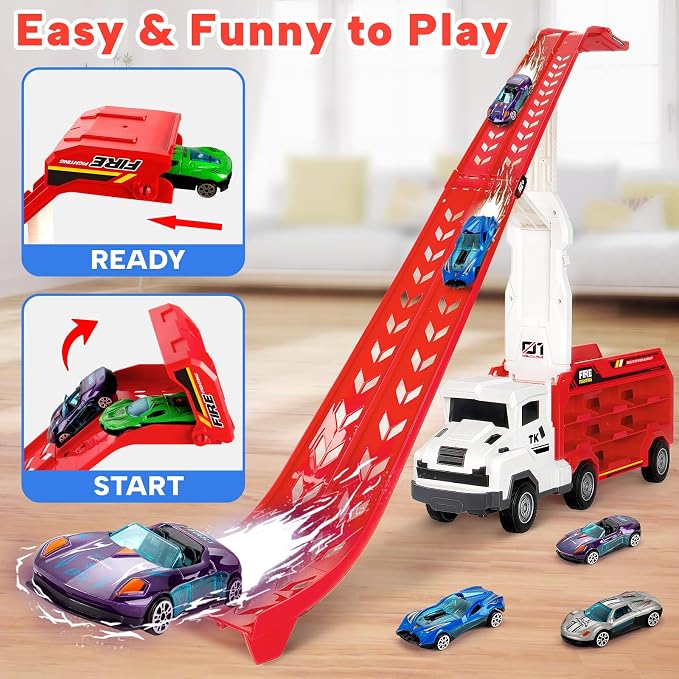 BainGesk Truck Car Toys for 3, 4, 5, 6 Years Old Boys Girls, 25 in Race Track Truck Toys, Foldable 2 Layer Carrier Transport Car with 6 Metal Cars, Birthday Toys Gifts for Toddler