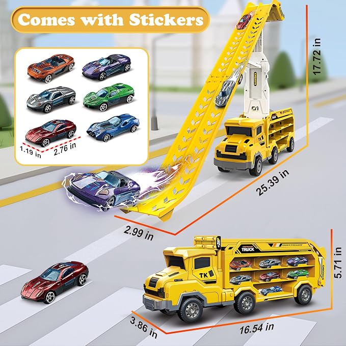 Toddler Car Truck Toys,Car Carrier Trucks for Kids Age 3-5 4-8,Foldable Car Track Sets with 2.8-Ft Race Track and 6 Die-Cast Race Cars, Truck Toys Gifts for 3 4 5 6 7 8+ Year Old Boys Girls(Yellow)