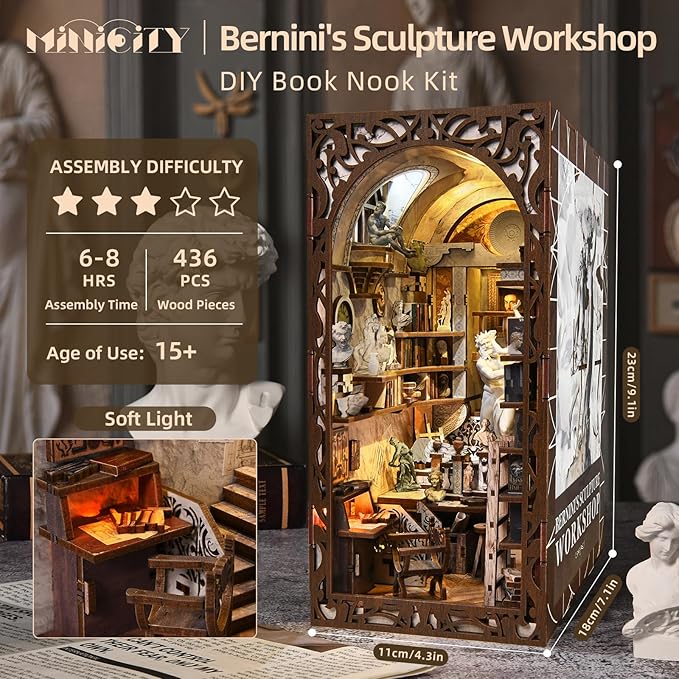 MiniCity Book Nook Kit, DIY Miniature Dollhouse Kit 3D Puzzles for Adults Tiny House Mini Home Craft Bookshelf Nook Puzzle Book Decor Gifts for Teenagers Book Lovers (Bernini's Workshop)