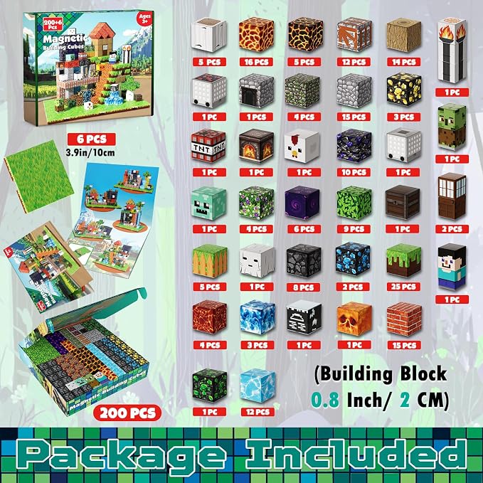 200PCS Magnetic Building Blocks with 6 Base Plate, Magnetic Blocks Cubes for Kids Ages 4-8, Stacking Magnet Blocks STEM Building Toys for Boys Girls Ages 3 4 5 6 7 8-12 Christmas Birthday Gifts