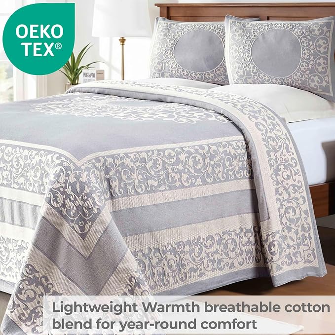 Superior Cotton Blend Bedspread Set, Includes 1 Tailored Bedspread and 1 Matching Pillow Sham, Lightweight Blanket, Bedding Decor, Jacquard Vintage Floral Mandala, Lyron Collection, Twin, Slate Blue