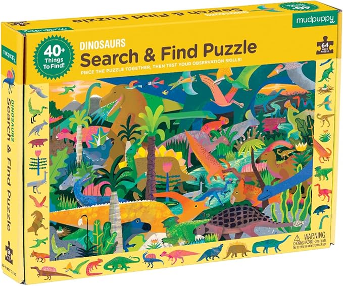 Mudpuppy Dinosaurs — 64 Piece Search & Find Puzzle Jigsaw Puzzle Featuring Diverse Prehistoric Animals and Over 40 Hidden Images to Find for Ages 4+