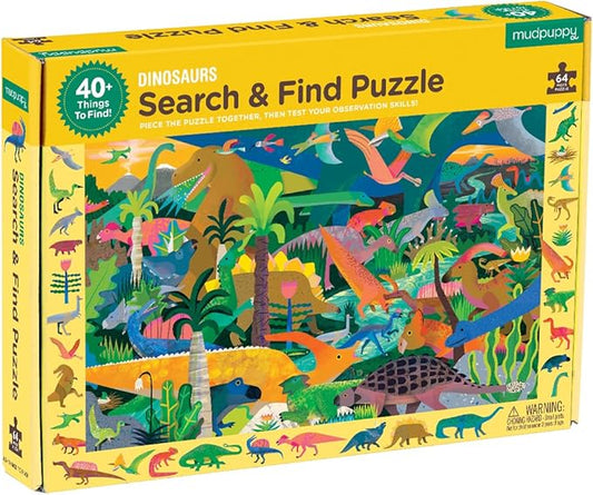Mudpuppy Dinosaurs — 64 Piece Search & Find Puzzle Jigsaw Puzzle Featuring Diverse Prehistoric Animals and Over 40 Hidden Images to Find for Ages 4+