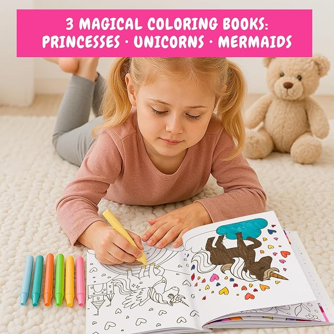 Fun Coloring Books for Kids Set of 3 - Cute Princess, Unicorn & Mermaid Coloring Book for Girls Ages 4-8 - Easy to Color Toddler Gift for Travel w Magical Themes for Your Creative Little Princess 1-3