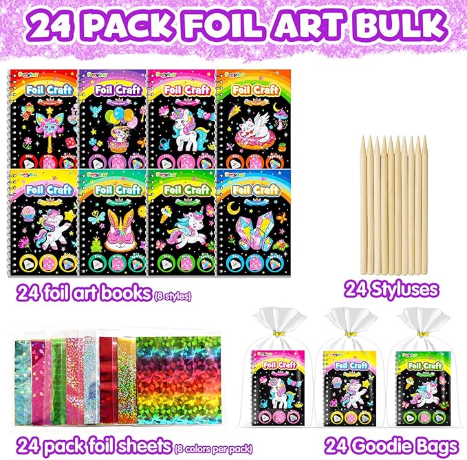 FUNNYB&G Foil Art Party Favors for Kids - 24 Pack Foil Art Crafts Kits Coloring Books, Goodie Bag Stuffers Party Favors for Kids 4-8 8-12, Bulk Birthday Classroom Prizes Girls Boys Gifts (Unicorn)