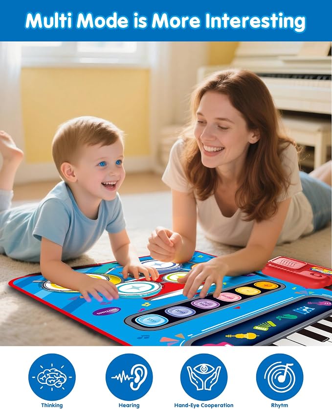 DQMOON Toys for 1 Year Old Boy Gifts, Baby Musical Mat with Piano & Drum, Adjustable Volume, 12-18 Months Toddler Toys, Christmas Birthday Easter Gifts for 1-2 Year Olds Boys Girls (Blue)