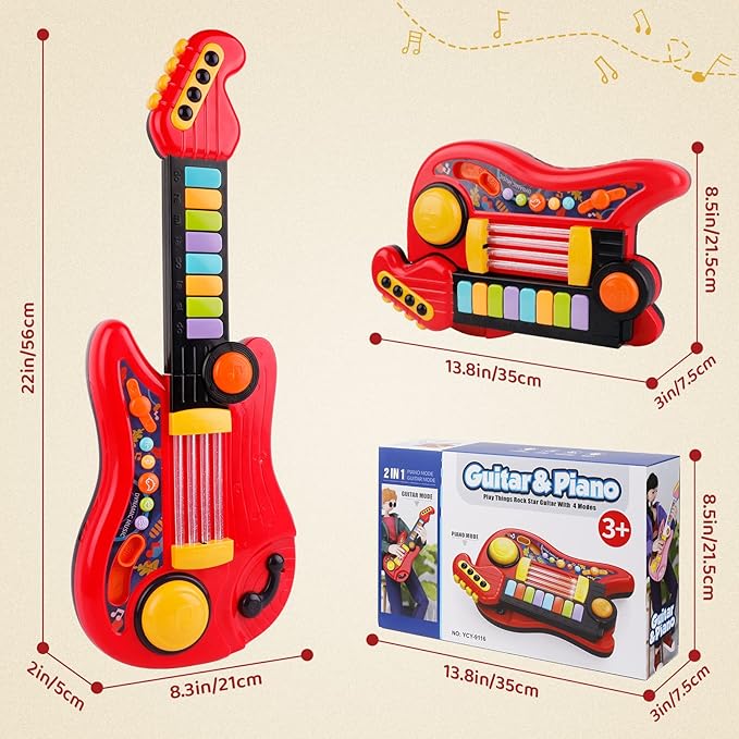 Kids Guitar 2 in 1 Musical Instruments for Kid - Fun Piano Toddler Toy & Electric Guitars | Explore Creativity | Unleash Child’s Talent, The Best Music Toys for Boys & Girls! (Red)