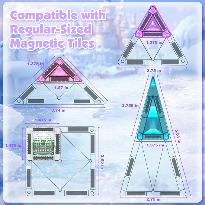 Mini Magnetic Tiles with 2 Little Action People, Light Up Frozen Tiles with Magnetic Action Figures for Princess Castle, Micro Magnet Portable Travel Toys for Kids, STEM Building Gifts for Boys Girls