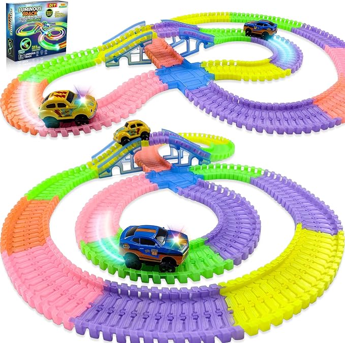 Race Tracks for Kids Ages 3 4 5 6 7 8, Flexible Race Track for Kids | Flexible Kids Race Track Set, GLow in The Dark, 300 PCS, Birthday Gifts for Boys Girls