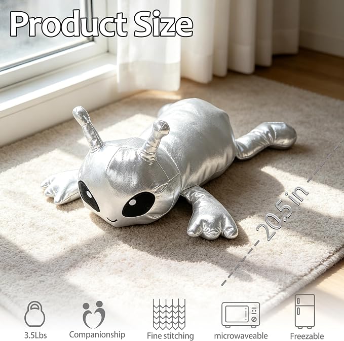 3.5Lbs Weighted Alien Stuffed Animal, 21" Microwavable Silver Alien Plush with Removable Heating Pad, Heatable Coolable Galaxy Buddy Space Gift for Kids Adult
