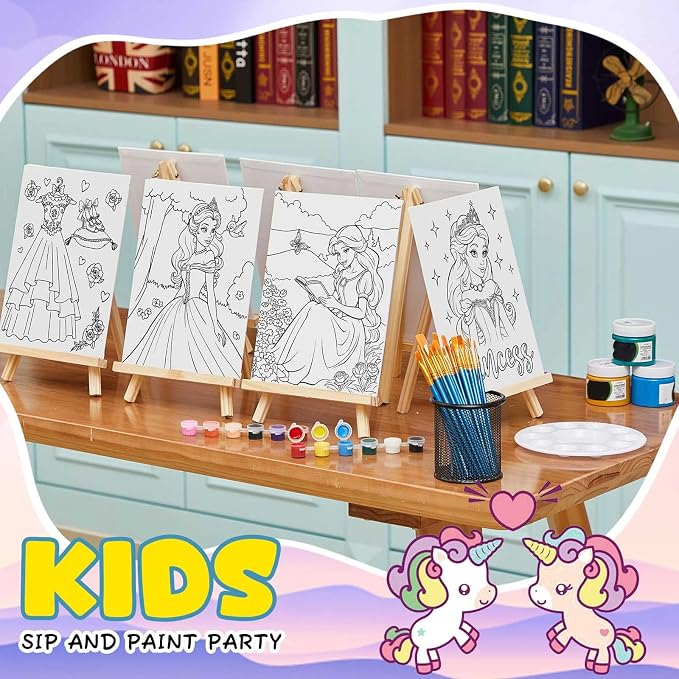 Ireer 12 Set Paint Party Set 8 x 10 Sip and Paint Kit Include 12 Printed Pre Drawn Canvas Panel, Wooden Easels, Palettes, Pots, Apron 36 Brushes for Adult Art DIY Party(Princess)