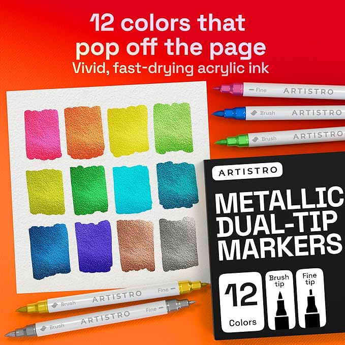 ARTISTRO 12 Metallic Acrylic Paint Markers - Paint Pens for Drawing - For Fabric, Rock, Glass, Wood, Molds - Arts & Crafts Gift for Adults, Teens, Kids, Classroom Must Haves & School Supplies