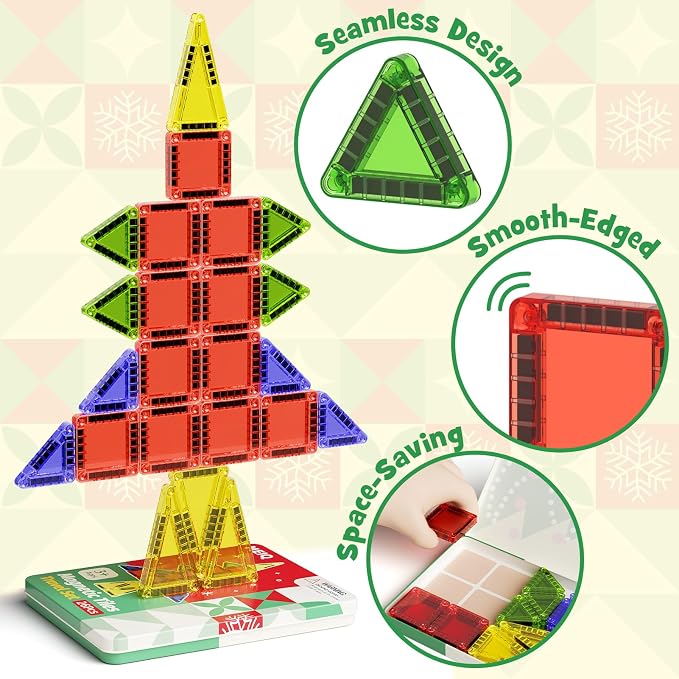 Travel Magnetic Tiles for Kids, 26 PCs Mini Magnetic Building Blocks with Festive Iron Storage Box, STEM Travel Toys for Toddlers Ages 3-5+, Educational Learning Gift for Boys & Girls