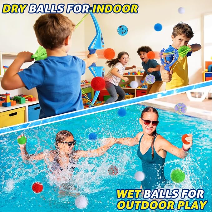 Reusable Water Balloons Set For Kids Outdoor, 2 pcs Bow and Arrow Ball Sets & 2 Slingshot Launcher with 24 Soft Water Balls, Pool Beach Yard Water Fight Fun, Summer Water Toys for Boys Girls Adults