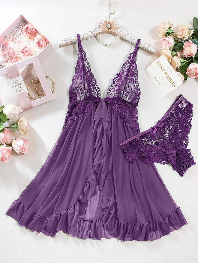 Foxiny Sexy Open Front V Neck Ruffle Sheer Mesh Lace Wireless Babydoll Lingerie Dress with Thong 2 Piece