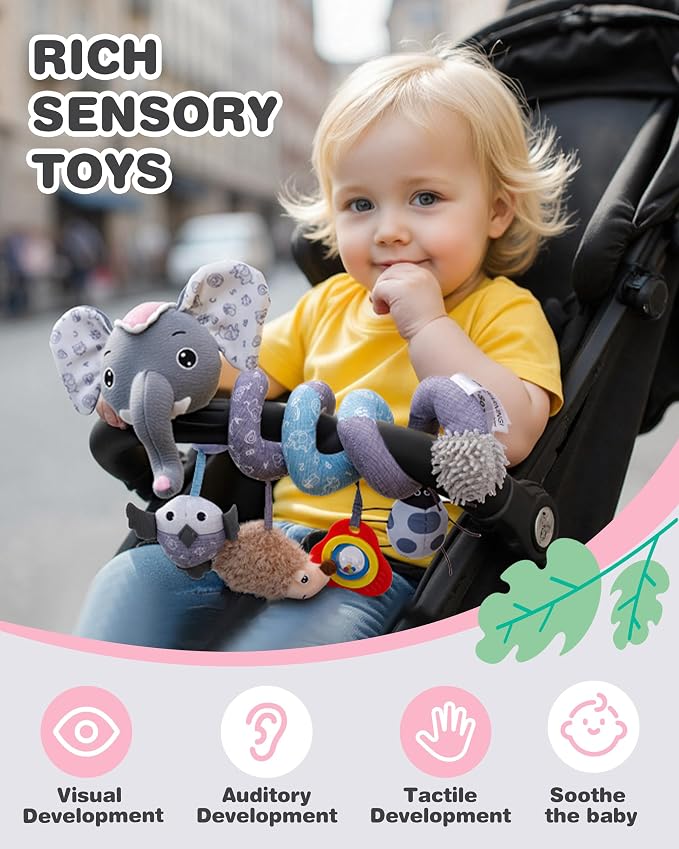 Jollybaby Crib Stroller Car Seat Toys for Baby 0-3-6-9-12 Months, Tummy Time Hanging Sensory Toys for Newborn with Music Box and Teether, Spiral Carseat Toy for Boys Girls Gifts (11-Sz Pink Elephant)