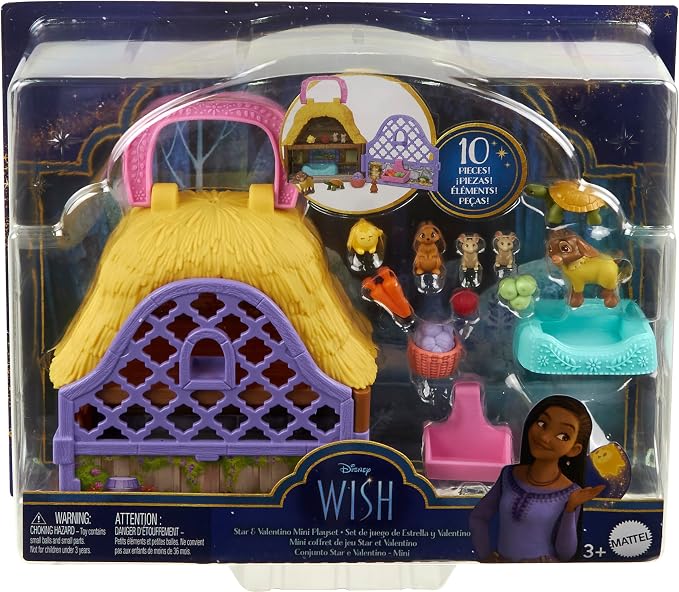 Mattel Disney Wish Micro Figure & Doll House Playset, Star & Valentino of Rosas Portable Set with Valentino the Goat & Star Figures & 10 Accessories, Travel Toy