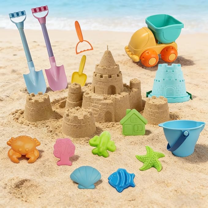 IOKUKI Long Shovels Sand Toys Set with Mesh Bag Including Dump Truck, Beach Buckets, Shovels, Rakes, Molds, Outdoor Beach Toy Tool Kit for Kids, Toddlers, Boys 1and Girls (15 PCS) Age 3+