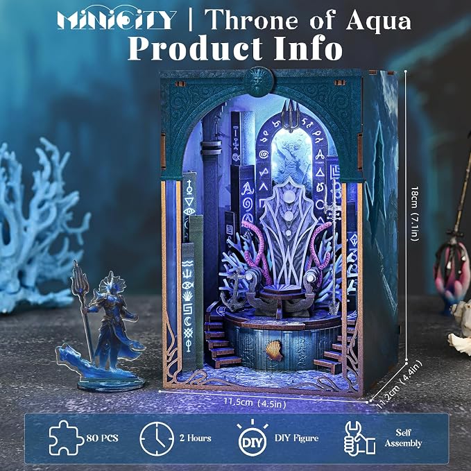 MiniCity Book Nook Kit - DIY Miniature Dollhouse Kits Gifts for Adults to Build, Throne Miniatures, Wooden Adults Crafts, Mini Model Kits with LED (Throne of Aqua)