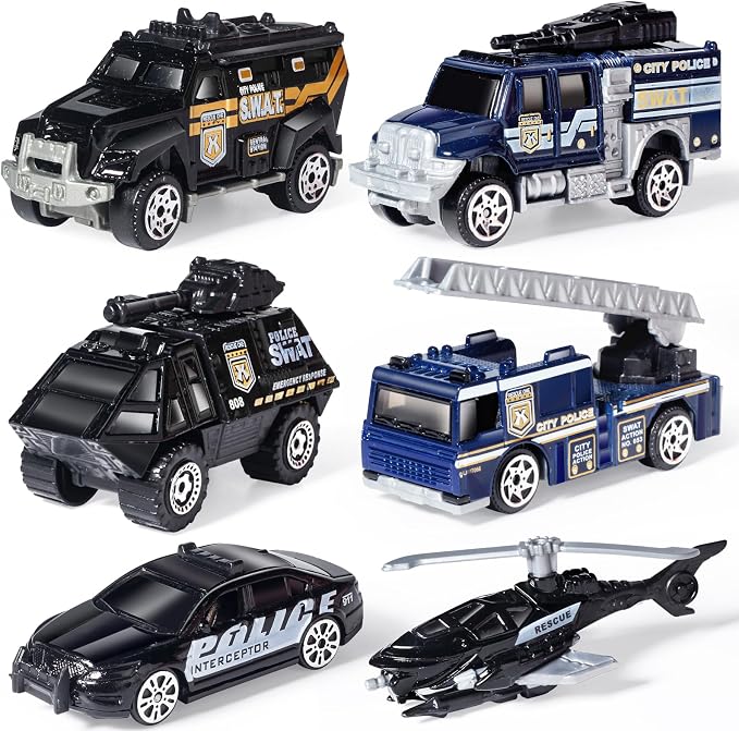 Oriate 6 Pack 1/64 Die-cast SWAT Police Cake Topper Kids Cars Boy Toys Set, Mini Cop Toy Car, Helicopter, Rescue Truck, Military Vehicles Toys, Birthday Gift for 3-5 Year Old Boys Girls