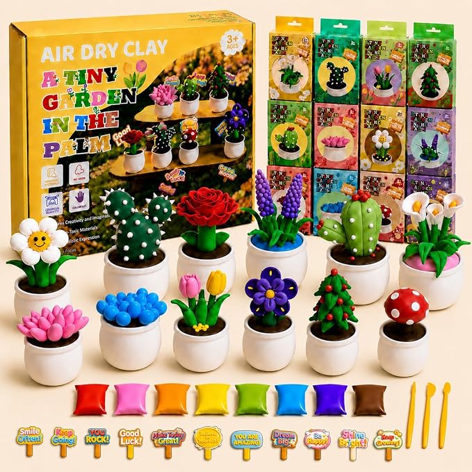 Air Dry Clay Kit for Kids, 12 Plants Modeling Magic Clay Sculpting Tools | Ultra-Light & Soft, Safe and Non-Sticky, DIY Flower Arts Craft Set, Home Party Favors Birthday Back to School Gift for Age 3+