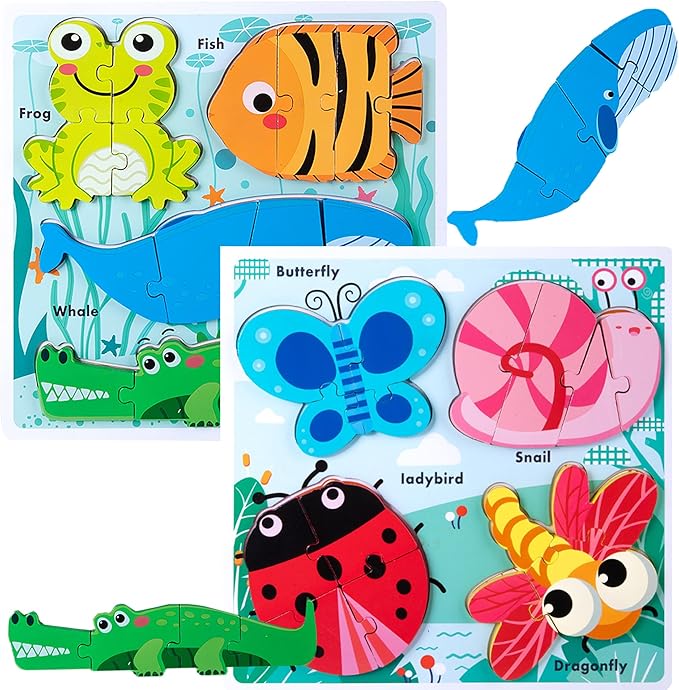 Montessori Toys Puzzle for 18-24 Month, Toddler Educational Wooden Jigsaw, Creature Matching & Sorting & Learning Toys for Ages 2-4