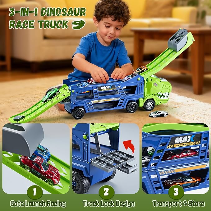 Dinosaur Truck Toys for Kids 3-5 - Transporter Carrier Truck with 6 Die-Cast Cars Toys, 3 in 1 Truck with 2 Foldable Race Tracks, Christmas Birthday Gifts Toys for 3 4 5 6 Years Old Boys(Jungle Blue)