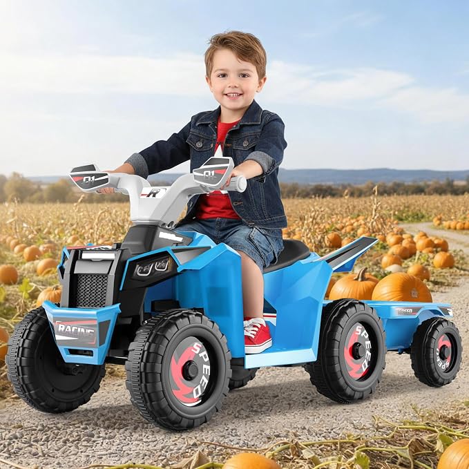 OLAKIDS 6V Kids ATV with Removable Trailer, Forward Backward Function, Widened & Wear-Resistant Wheels, Ride On Toy for Toddlers (Blue)