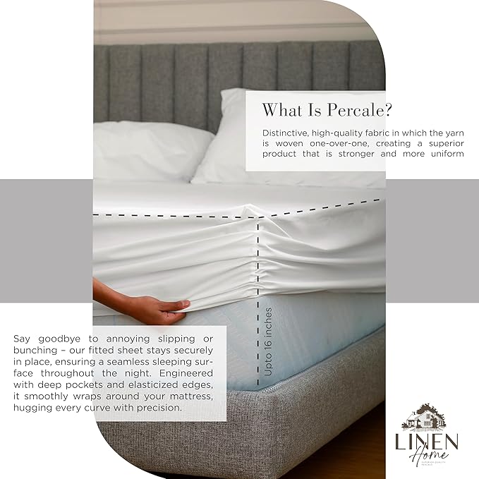 Linen Home 100% Cotton Percale Sheets Twin Size,Snow White, Deep Pocket, 3 Pieces Set - 1 Flat, 1 Deep Pocket Fitted Sheet and 1 Pillowcase, Crisp Cool and Strong Bed Linen
