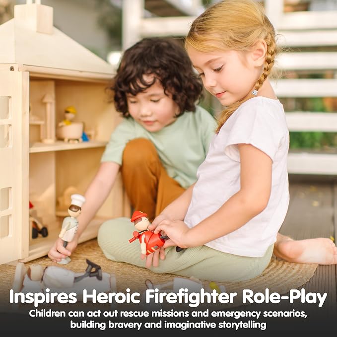 PlanToys® Wooden Firefighter Doll | Poseable 1:12 Scale Figure for Dollhouse Play, Rescue Missions & Emergency Scenarios | Eco Friendly Montessori Pretend Play Figure