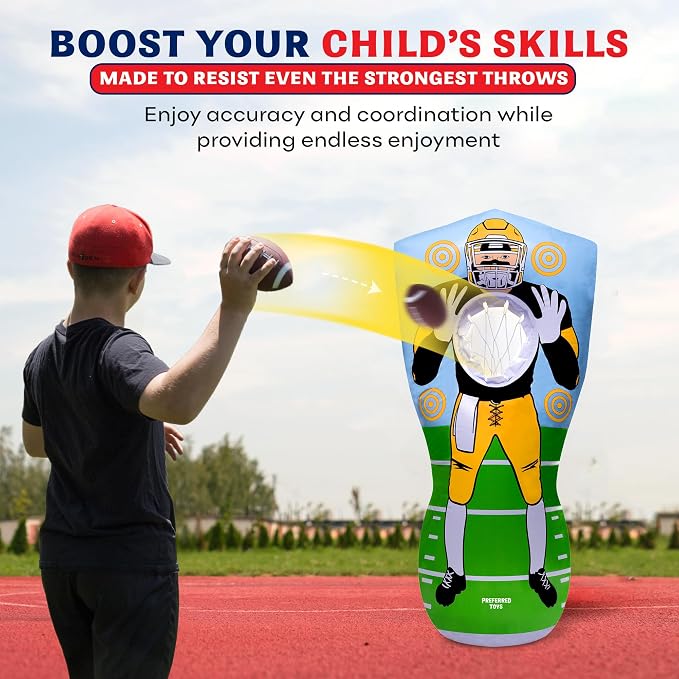 Preferred Toys 65” Inflatable Football Target Net Toss Game - Double-Sided Throwing Practice Football Stuff with Mini Balls - Backyard Tailgate Party Sports Toy for Kids & Adults