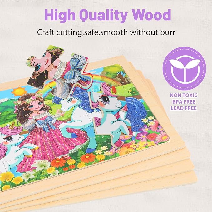 4-Pack Wooden Puzzles for Kids Ages 4-6, 24 Piece Unicorn Mermaid Princess Jigsaw Puzzles, Preschool Toddlers Learning Activity Puzzles Toys for Girls 3 4 5 6 Years Old