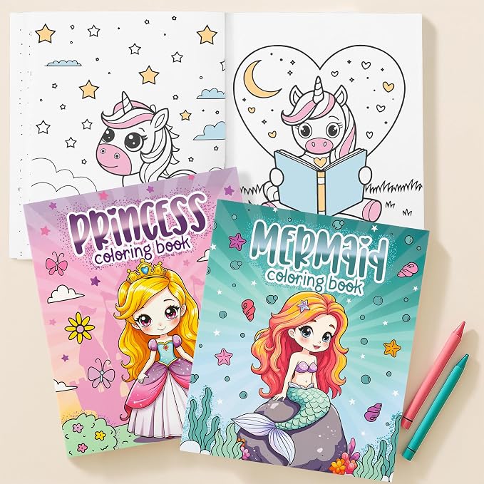 Fun Coloring Books for Kids Set of 3 - Cute Princess, Unicorn & Mermaid Coloring Book for Girls Ages 4-8 - Easy to Color Toddler Gift for Travel w Magical Themes for Your Creative Little Princess 1-3