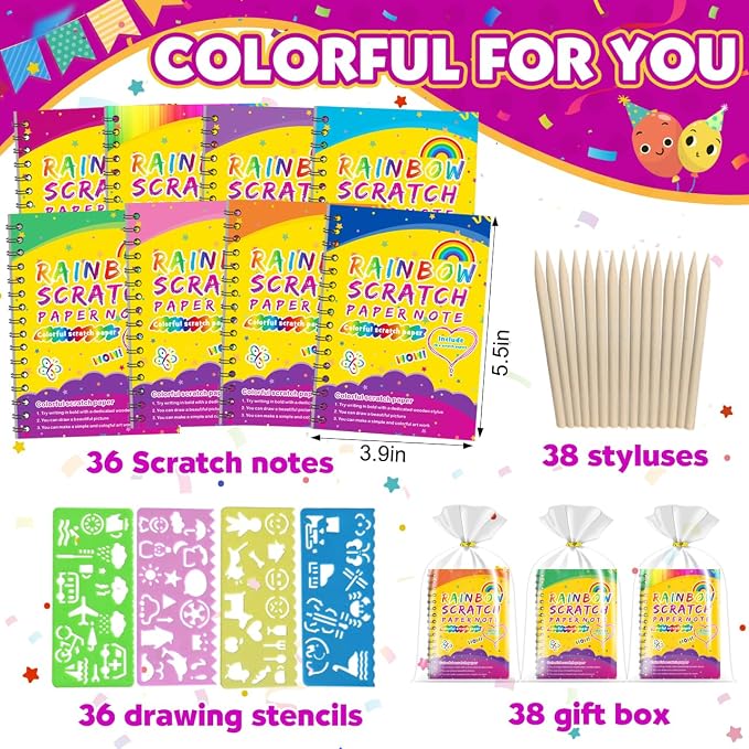 Party Favors for Kids 4-8-12: 36 Pack Scratch Rainbow Art Crafts Notebook, Coloring Book Goodie Bags Stuffers Kit, Bulk Birthday Gift Classroom Prizes Girl Boy Toddler