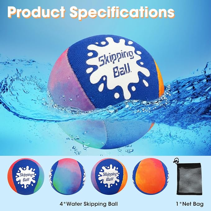 Korlon Skipping Water Balls, 4 Pack Skip Water Bouncing Ball with Mesh Bag, Summer Water Pool Toys for Kids Ages 4-8 8-12 Adults Games Cool Lake Beach Fun