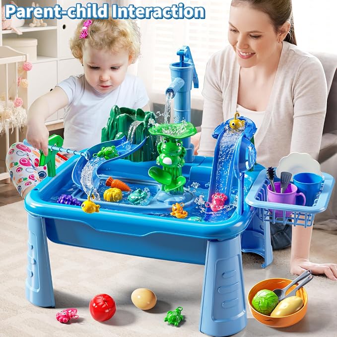Water Table Play Sink Toy for Kids 2 3 4 5 6 Years Old - Outdoor Kitchen with Running Water, Fishing Games, Toddler Water Play Table for Kids Ages 3-8, Beach Outdoor Toys, Birthday Gifts 2+ 3-5 (Blue)