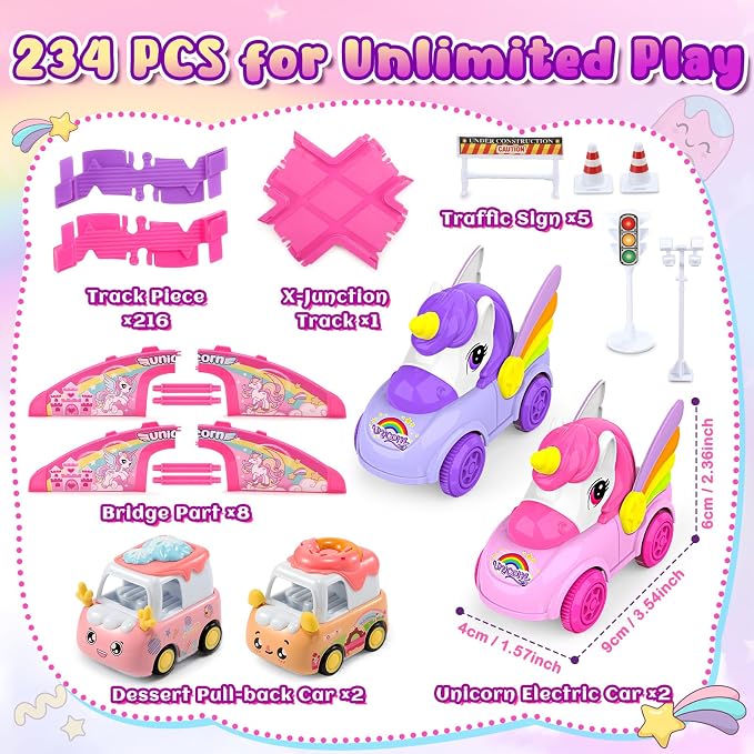 Aetyni Girls Toy Unicorn Car Track Set for Kids 4-6: Unicorn Monster Truck Race Track with 2 Princess Cars 3 4 5 6 7 8 Year Old Toddler Girl Birthday Gifts Girl Toys Age 4-5 6-7