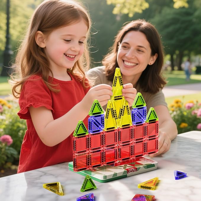 Travel Magnetic Tiles for Kids, 26 PCs Mini Magnetic Building Blocks with Festive Iron Storage Box, STEM Travel Toys for Toddlers Ages 3-5+, Educational Learning Gift for Boys & Girls